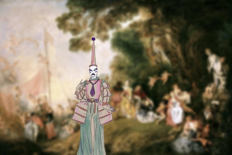 Fête Galante Zeichnung eines Harlekins vor sehr unscharfer Gartenfest-Kullisse