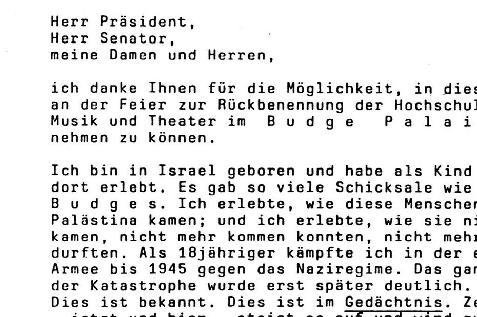 Typoskript der Rede von Dan Richter-Levin zur Einweihung der Skulptur "Bühne der Erinnerung" Abdruck eines Textes