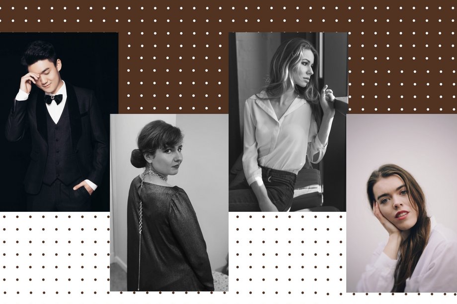 Porträts der vier Mitwirkenden auf braun weiß gepunktetem Hintergrund