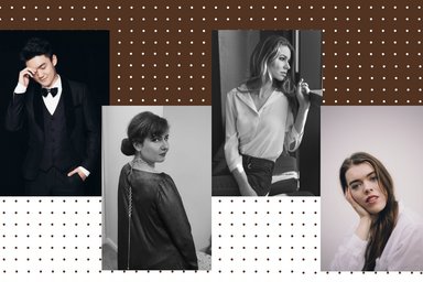 Porträts der vier Mitwirkenden auf braun weiß gepunktetem Hintergrund