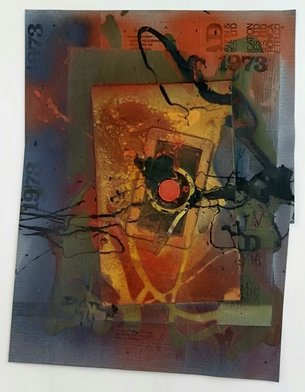 Roter Punkt (Mischtechnik auf Papier) von Dan Richter-Levin abstraktes Bild mit vielen Farben, Strichen, Mustern. Roter Punkt in der Mitte