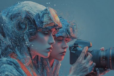 KI-generiertes Bild von 2 Personen, die auf eine Kamera schauen