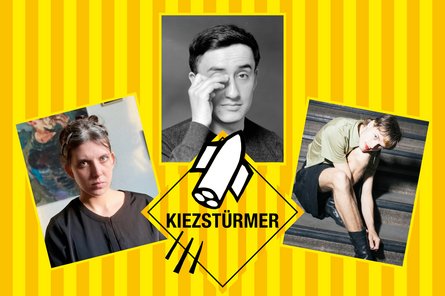 2026-05-30 Kiezstürmer Collage von Künstlerporträts auf gelb orange gestreiftem Hintergrund