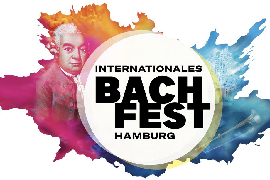buntes Logo des Bachfestes mit Porträt von Bach