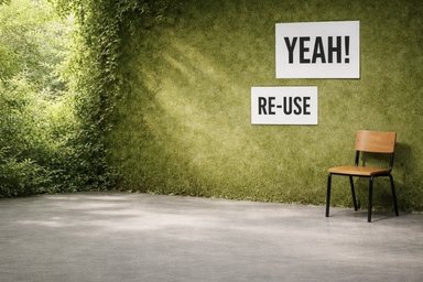 Room with walls of bushes with a chair; on the wall signs "Yeah! Re-use"