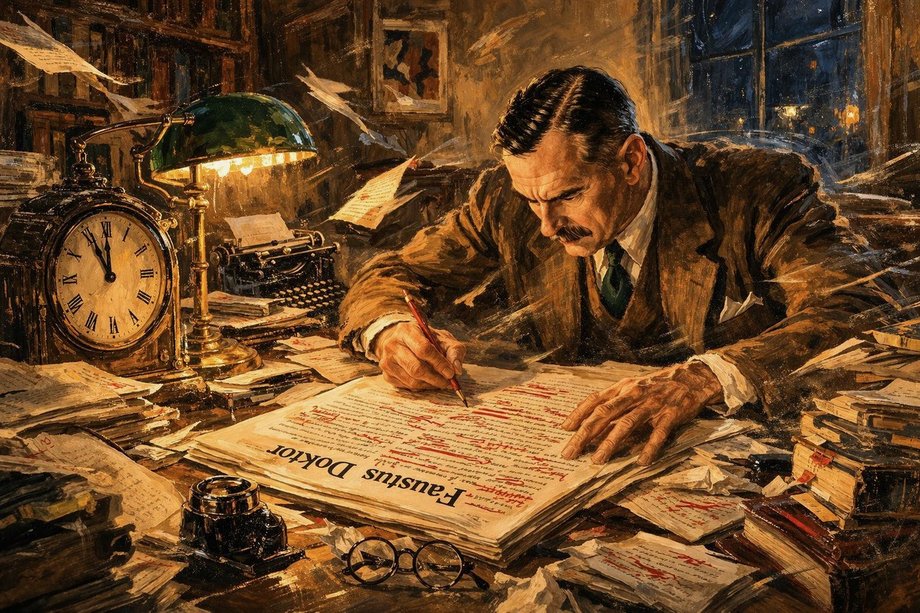 KI-generiertes Bild von Thomas Mann am Schreibtisch