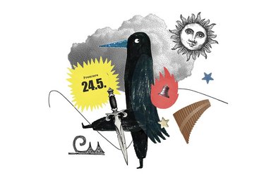 Die Große Sommeroper 2026 Collage: Vogel mit Schwert, Wolke, Sonne, Panflöte, Glocke, Wellenillustration