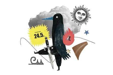 Sommeroper 2026 Collage: Vogel mit Schwert, Wolke, Sonne, Panflöte, Glocke, Wellenillustration